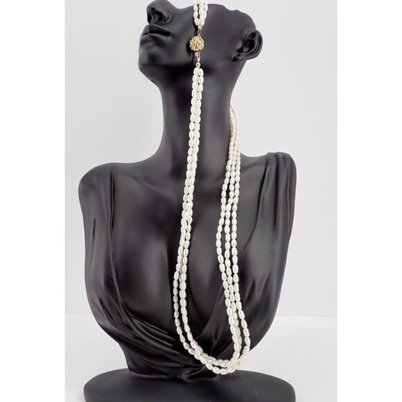 Genuine Fresh Water Rice White Pearls 3 Strand Necklace Box Clasp Vintage 24" - Picture 5 of 15
